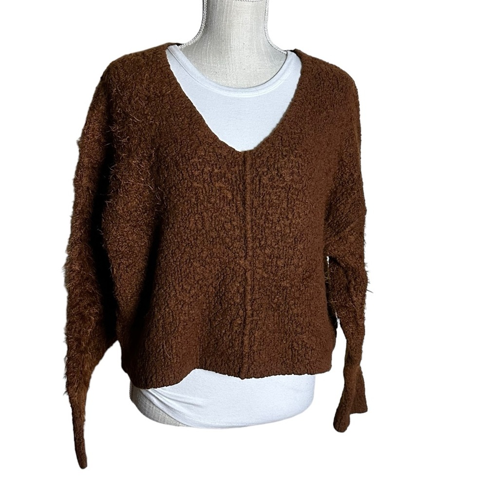 Free People Womens V-Neck Dark Brown Long Sleeve Oversize Sweater Size M